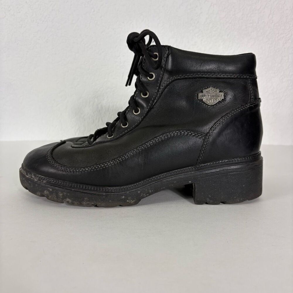 Harley Davidson Black Leather Lace Up Low Heeled Ankle Moto Boots Women's 11